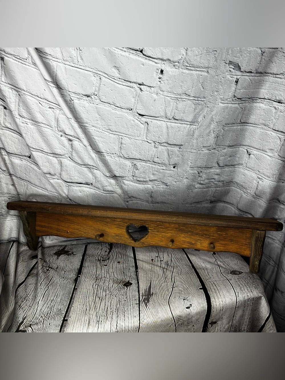 24” Vtg Primitive WoodShelf Rack Heart Cutout & Hooks Cottagecore Farmhouse ASIS